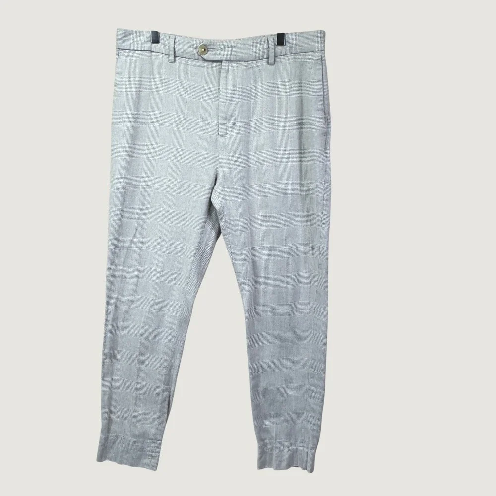 Banana Republic‎ Tailored Fit Pants 33x27 Grey Glen Plaid Linen Blend Preppy